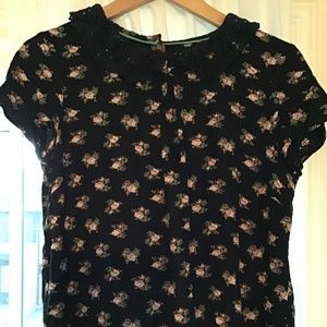 Boden black floral blouse with lace collar